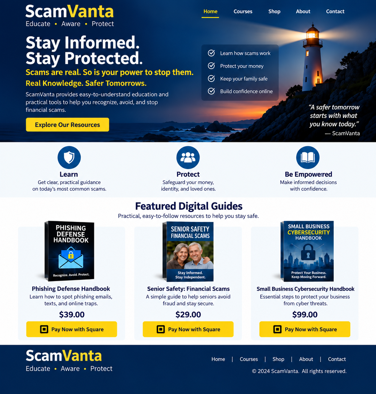 ScamVanta Academy homepage featuring scam prevention education and three digital guides: Phishing Defense Handbook $39, Senior Safety Financial Scams $29, and Small Business Cybersecurity Handbook $99.